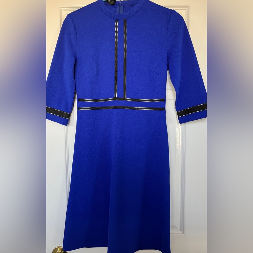 Royal blue with black and white detail fit and flare dress